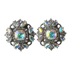 1990s Kirks Folly White Aurora Borealis Rhinestones Floral Clip On Earrings